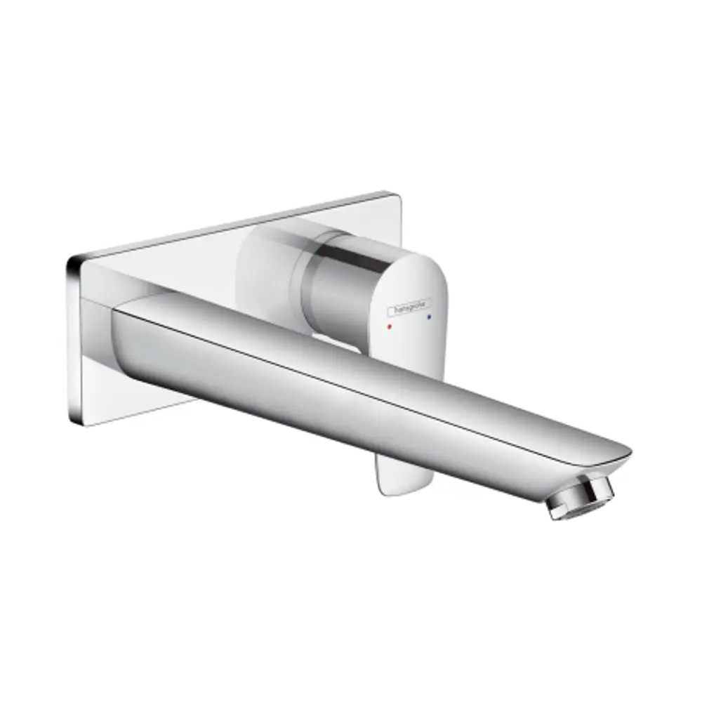 Waschtischmischer von Hansgrohe mit einem langen, flachen Auslauf. Der Mischer ist für die Unterputzmontage an der Wand konzipiert und hat eine glänzende Chrom-Oberfläche.